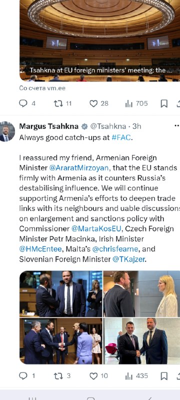Глава МИД Эстонии заверил Арарата Мирзояна в поддержке ЕС в противодействии влиянию России